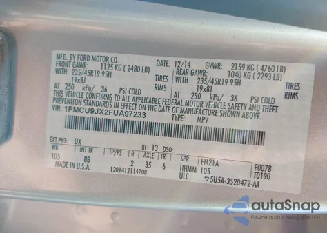 2015 Ford Escape Titanium z USA, uszkodzony, nr VIN 1FMCU9JX2FUA97233